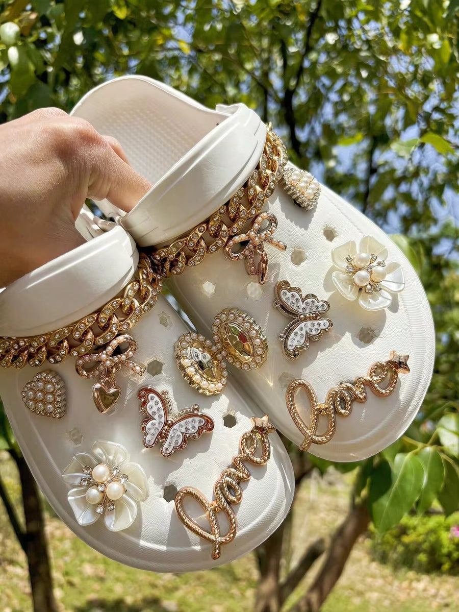 14pcs DIY Detachable Decorative Shoe Charms, Faux Pearl Flowers, Bows, Hearts, Gold Butterfly Decorative Chains, Suitable For Hollow Wooden Clogs, Sandals, Slippers, Beach Shoes, Holiday Gifts