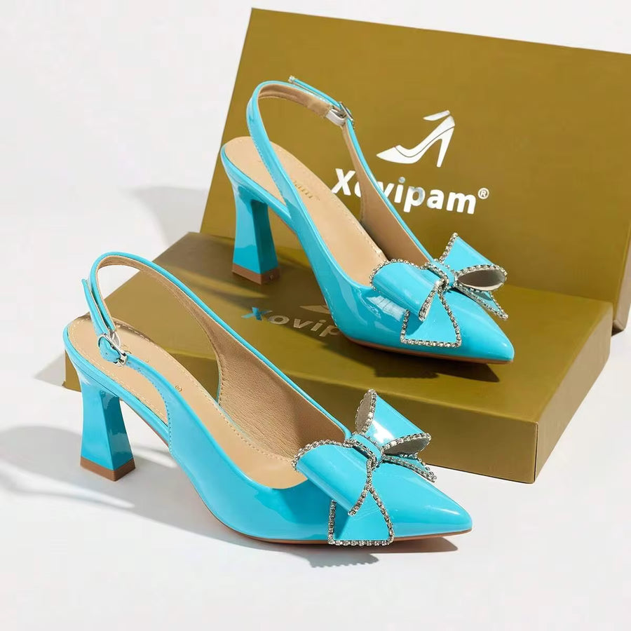 Xovipam Women Slingback Strap Heels,Rhinestone Bow Pointed Toe Block Heel Sandals, Daily Casual Office Business Party Women Shoes