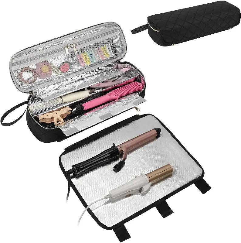 Women's leather makeup bag with a hand-stitched border and gold zippers2-in-1 Design Portable Hair Styling Tool Organizer Storage