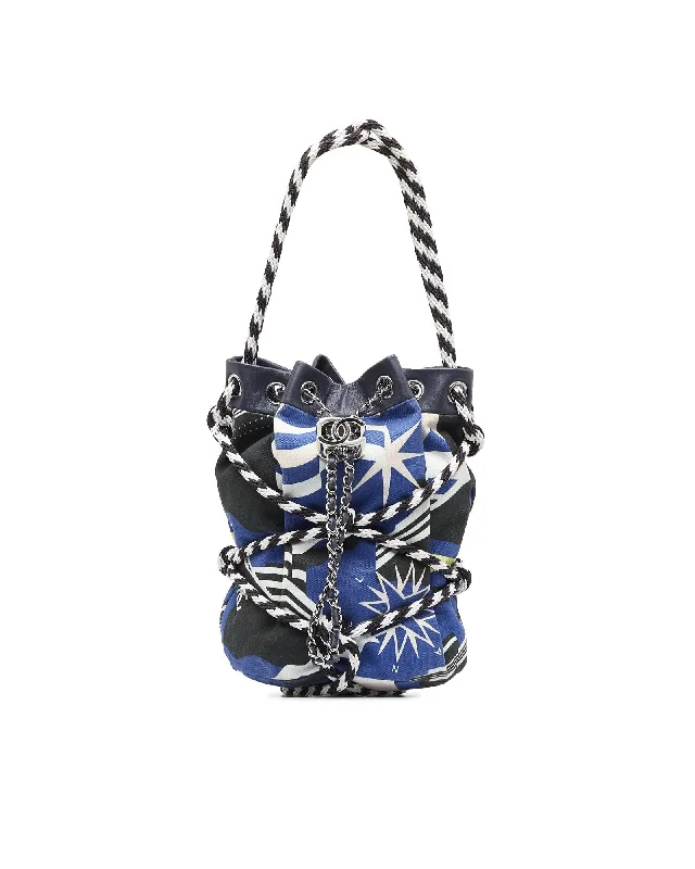 Women's leather bucket bag with a hand - painted floral design for a unique touchChanel Bucket Bag - Canvas and Leather - Blue