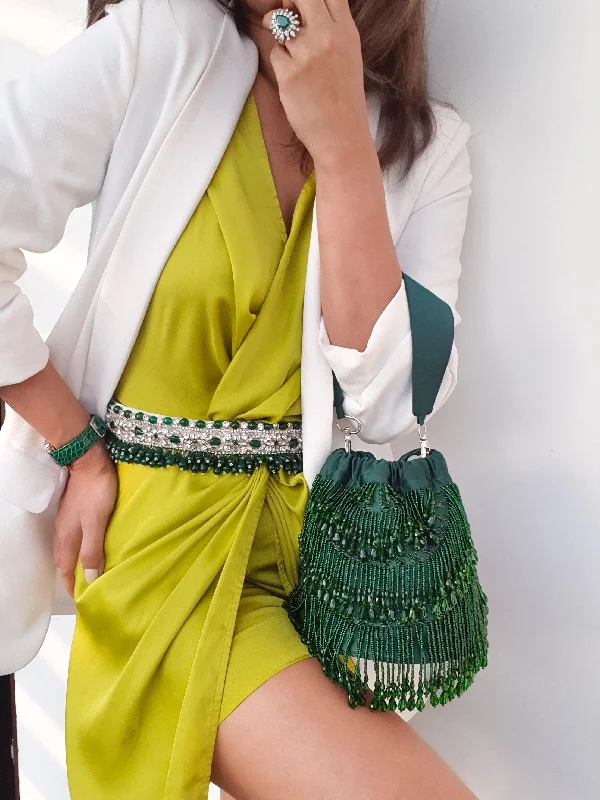 Mini bucket bag with a chain strap for a trendy and compact optionAndromeda Green Tassels Bucket Bag