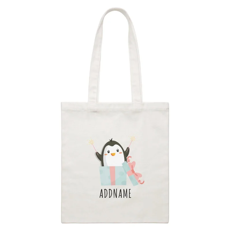 Canvas duffel bag with a drawstring closure and a large capacity for travelBirthday Cute Penguin Taking Fireworks In Present Box Addname White Canvas Bag