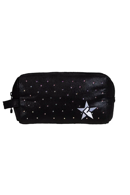 Silk-lined makeup bag with a smooth interior to protect cosmeticsFaux Suede in Black with Crystal Scatter Rebel Makeup Bag with Black Zipper