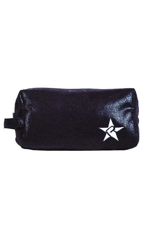 Vintage-inspired leather makeup bag with a brass clasp and tasselFaux Suede in Black Rebel Makeup Bag with Black Zipper