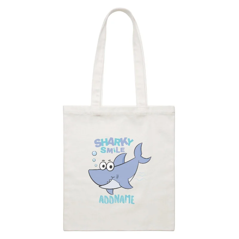 Canvas gift bag with a tissue paper insert and a ribbon handleCool Cute Sea Animals Sharky Smile Addname White Canvas Bag