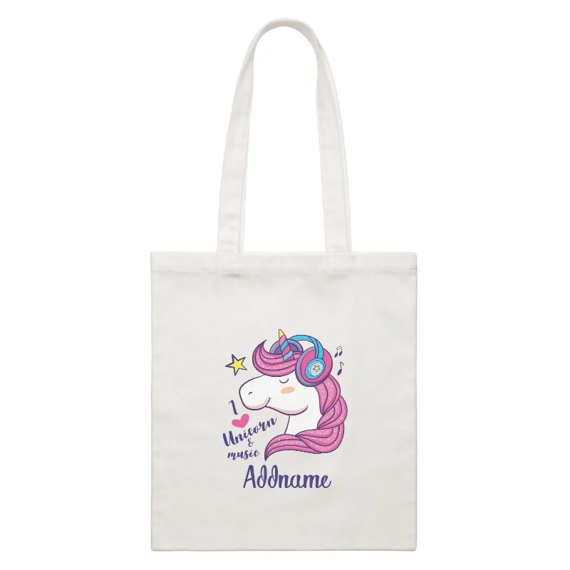 Vintage - style canvas rucksack with a brass buckle and a rugged lookCool Cute Unicorn I Love Unicorn & Music Addname White Canvas Bag