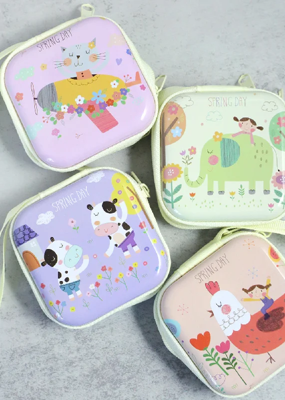 Convertible makeup bag that can be hung on a hook or laid flatCute Animal Tin Case