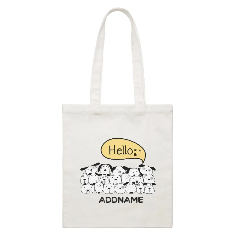 Women's canvas tote bag with a large floral print and leather handlesCute Animals And Friends Series Hello Dogs Group Addname White Canvas Bag