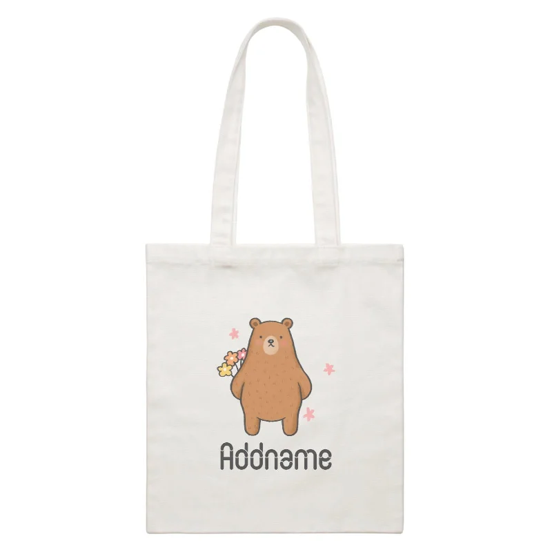 Canvas picnic bag with a set of plates and utensils includedCute Hand Drawn Style Bear with Flowers Addname White Canvas Bag