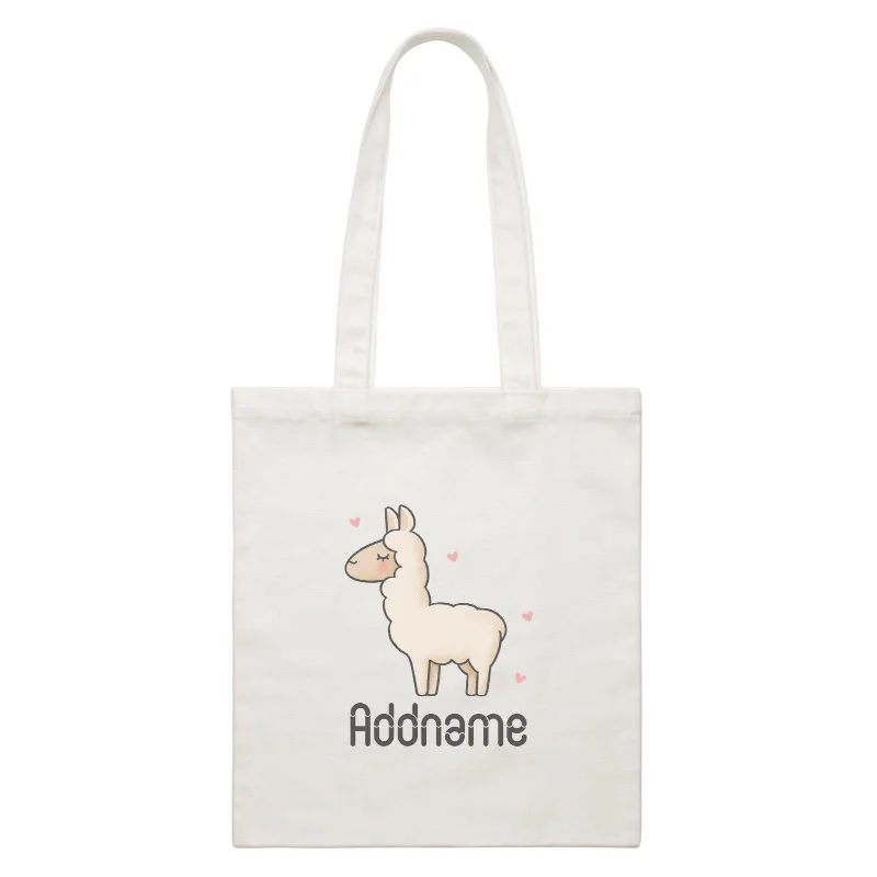 Canvas picnic bag with a set of plates and utensils includedCute Hand Drawn Style Llama Addname White Canvas Bag