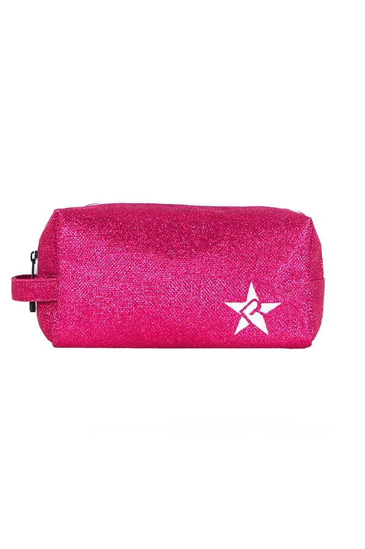 Women's leather makeup bag with a hand-stitched border and gold zippersDiamondNet™ in Fuchsia Rebel Makeup Bag with White Zipper