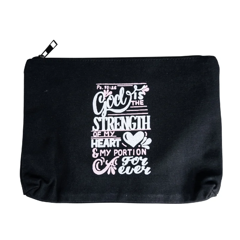 Makeup bag with a large mirror and elasticized pockets for organizationGod is the Strength Canvas Bag (black)