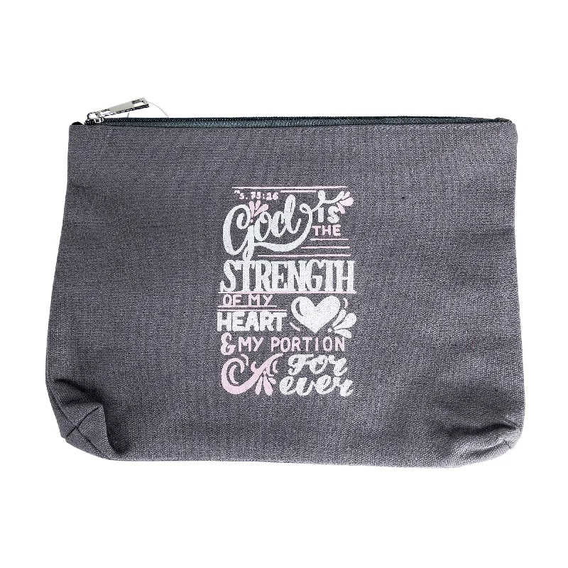 Leatherette makeup bag with a quilted pattern and a magnetic closureGod is the Strength Canvas Bag (grey)