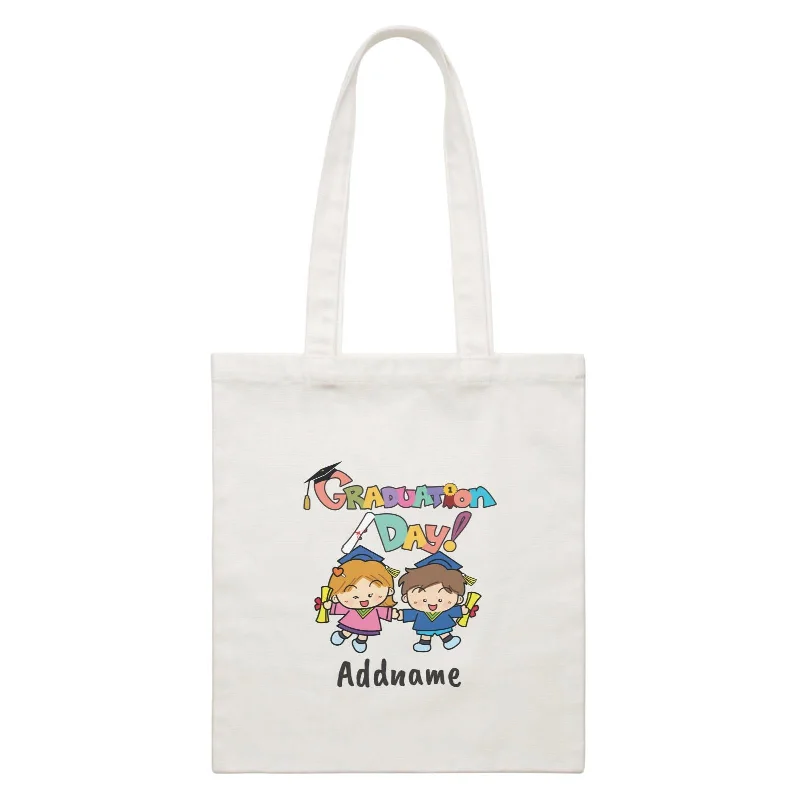 Canvas gift bag with a tissue paper insert and a ribbon handleGraduation Series Cute Graduation Day with Little Boy & Little Girl White Canvas Bag