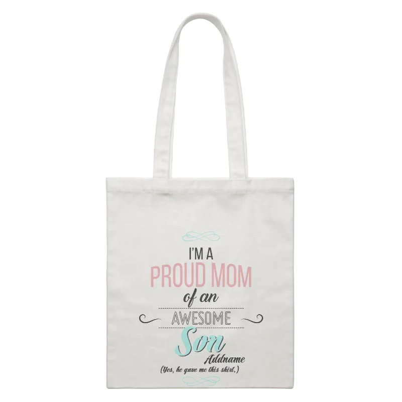 Canvas duffel bag with a drawstring closure and a large capacity for travelI'm A Proud Mom Of An Awesome Son Personalizable with Name White Canvas Bag