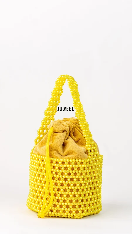 Waterproof nylon bucket bag with a drawstring closure for outdoor activitiesLartaley Beaded Mini Bucket Bag - Yellow