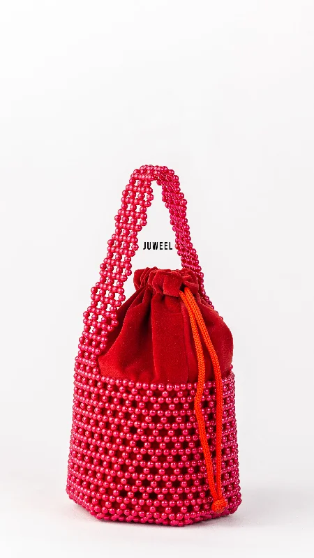 Convertible bucket bag that can be worn as a cross - body or shoulder bagLartaley Beaded Mini Bucket Bag - Red