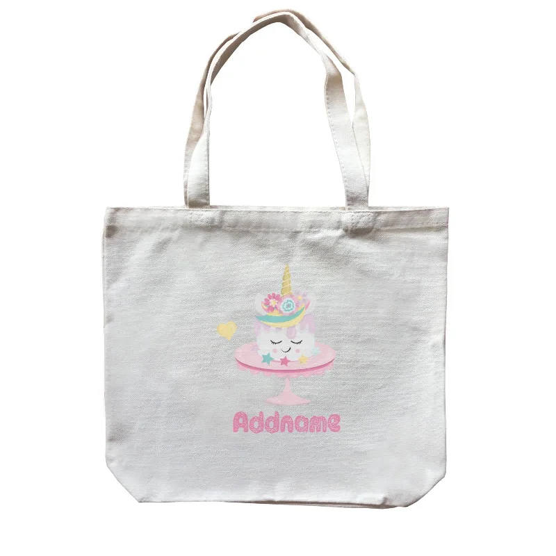 Canvas gift bag with a tissue paper insert and a ribbon handleMagical Sweets Birthday Unicorn Cake Addname Canvas Bag