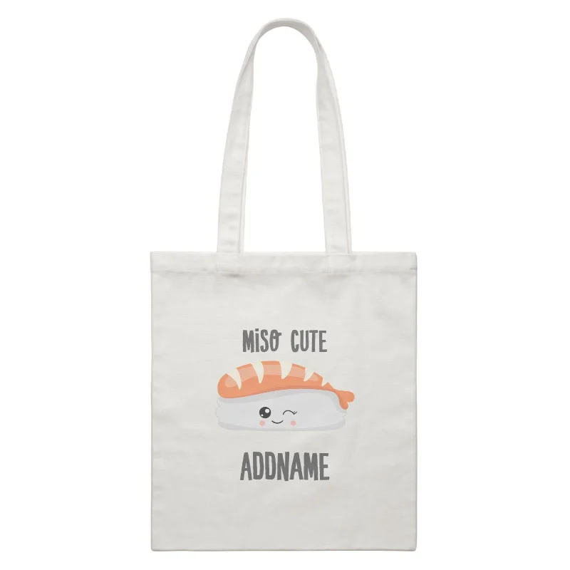 Women's canvas tote bag with a large floral print and leather handlesMiso Cute Salmon Sushi Addname White Canvas Bag