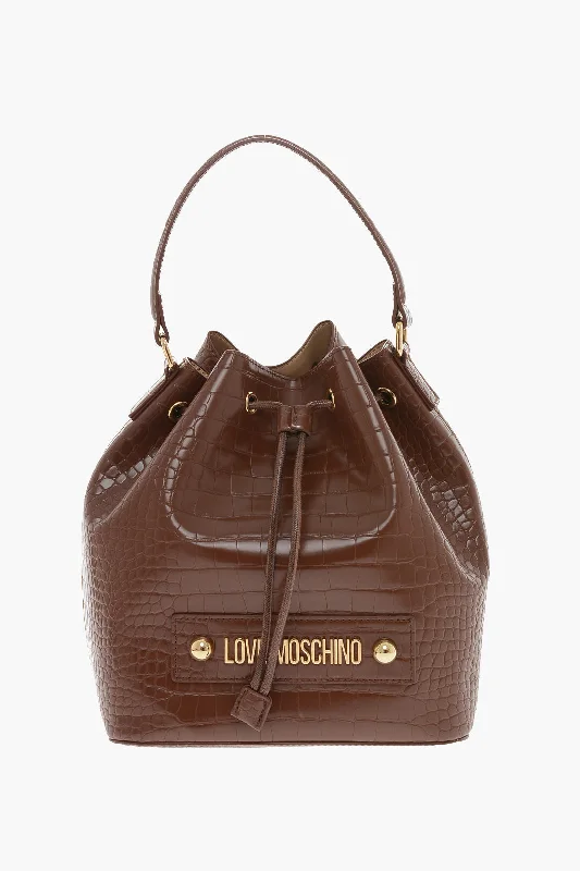 Silk bucket bag with a delicate print for a romantic lookMoschino Love Crocodile Effect Faux Leather Bucket Bag With Maxi Logo