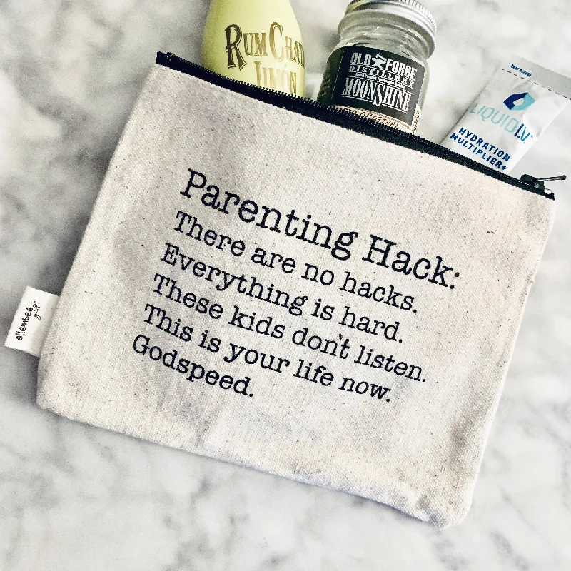 Vintage-inspired leather makeup bag with a brass clasp and tasselParenting hack there are no hacks funny printed pouches