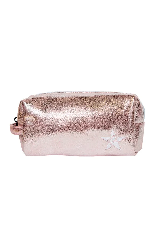 Plus-size makeup bag with an extra-large capacity for storing all makeup essentialsFaux Suede in Pink Champagne Rebel Makeup Bag with White Zipper