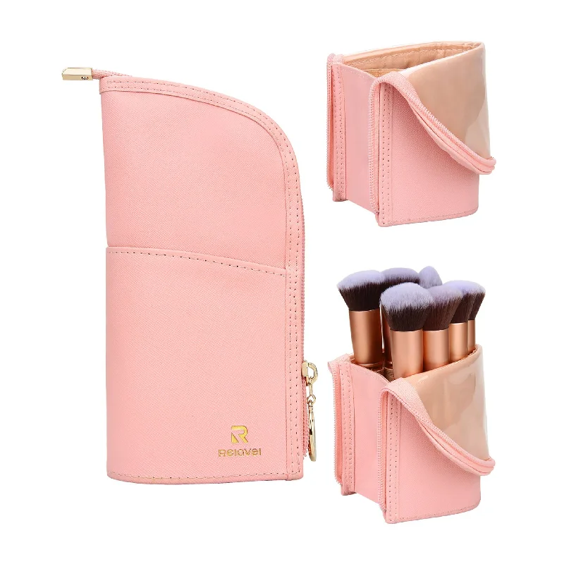 Convertible makeup bag that can be hung on a hook or laid flatPink Makeup Brush Holder