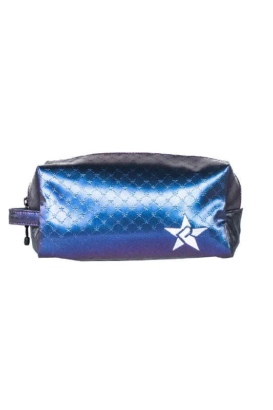 Convertible makeup bag that can be hung on a hook or laid flatEmbossed in Purple Rebel Makeup Bag with White Zipper