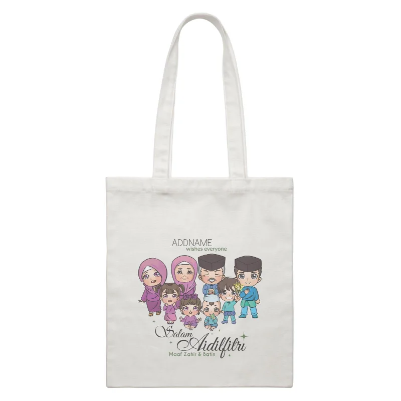 Canvas beach bag with a colorful stripe design and a waterproof liningRaya Chibi Big Family Addname Wishes Everyone Salam Aidilfitri Maaf Zahir & Batin Accessories White Canvas Bag