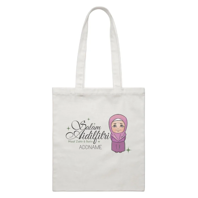 Canvas waist bag with a quick - release buckle and a compact sizeRaya Chibi Wishes Grandma Addname Wishes Everyone Salam Aidilfitri Maaf Zahir & Batin White Canvas Bag