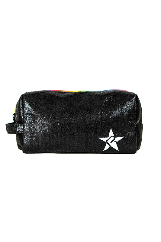 Makeup bag with a large mirror and elasticized pockets for organizationFaux Suede in Black Rebel Makeup Bag with Rainbow Zipper