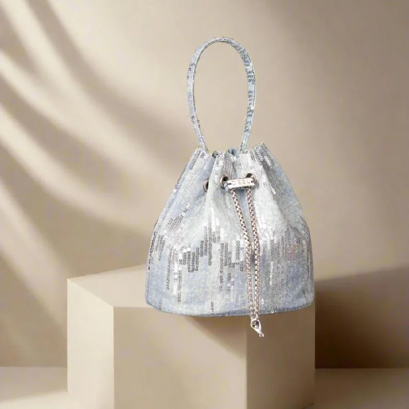 Mini bucket bag with a chain strap for a trendy and compact optionDenim Sequin Bucket Bag