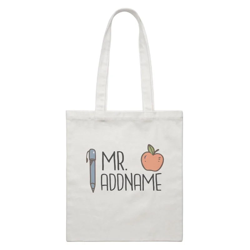 Canvas beach bag with a colorful stripe design and a waterproof liningTeacher Addname Apple And Pen Mr Addname White Canvas Bag