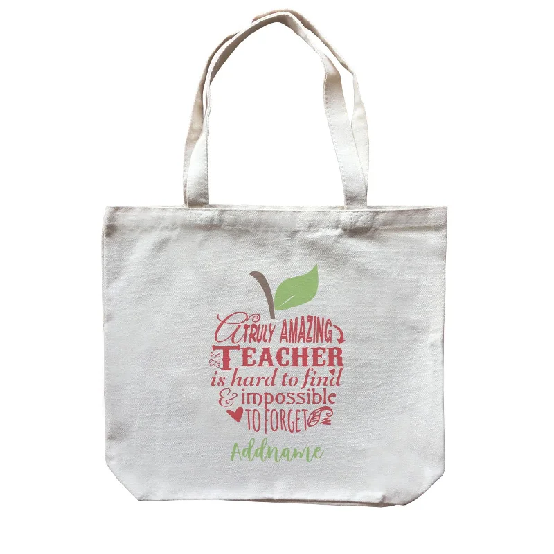 Canvas gift bag with a tissue paper insert and a ribbon handleTeacher Apple Truly Amazing Teacher is Had To Find & Impossible To Forget Addname Canvas Bag