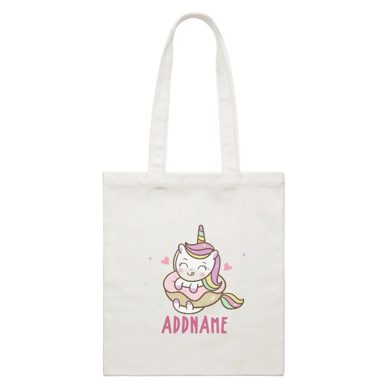 Canvas lunch bag with an insulated interior and a zippered closureUnicorn And Princess Series Unicorn Eating Donut Addname White Canvas Bag