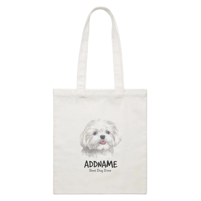 Canvas picnic bag with a set of plates and utensils includedWatercolor Dog Maltese Best Dog Ever Addname White Canvas Bag