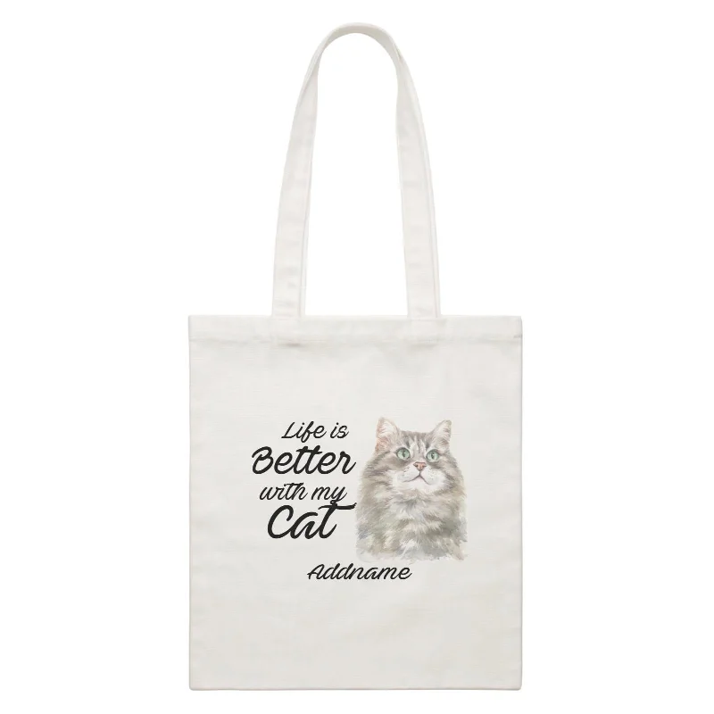 Canvas handbag with a tassel detail and a magnetic snap closureWatercolor Life is Better With My Cat Siberian Cat Grey Addname White Canvas Bag