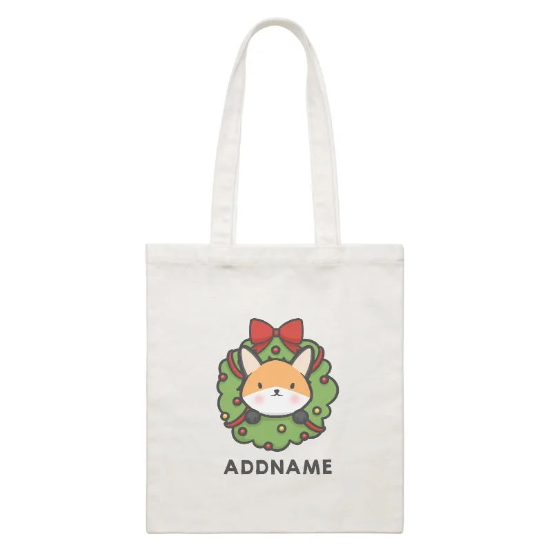 Canvas beach bag with a colorful stripe design and a waterproof liningXmas Cute Flower Wreath Fox Addname White Canvas Bag