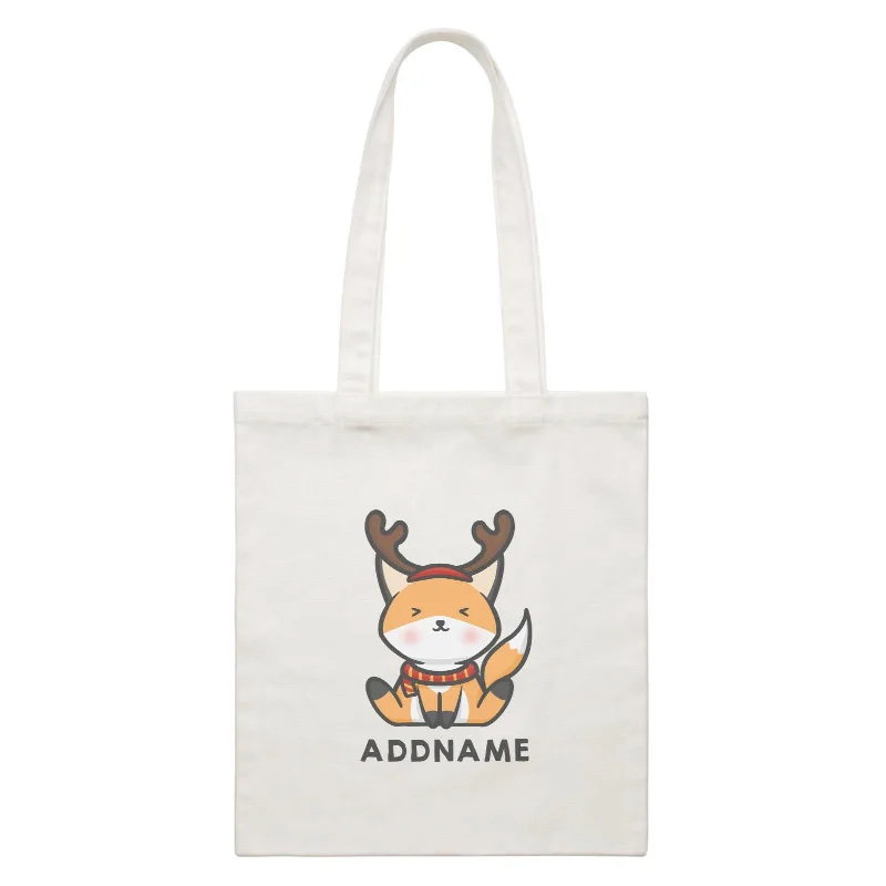 Canvas beach bag with a colorful stripe design and a waterproof liningXmas Cute Fox With Reindeer Antlers Addname Accessories Canvas Bag