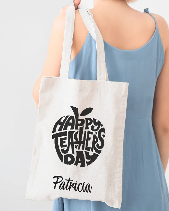 Tote bag with multiple internal compartments and a zippered pocket for organizationHappy Teacher's Day Apple Customizable Tote Bag - Teacher's Tote Bags