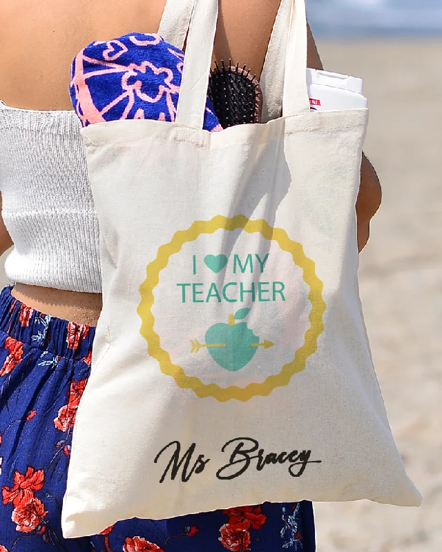 Waterproof nylon tote bag with a roll-top closure for outdoor useI Love My Teacher Customizable Tote Bag- Teacher's Tote Bags