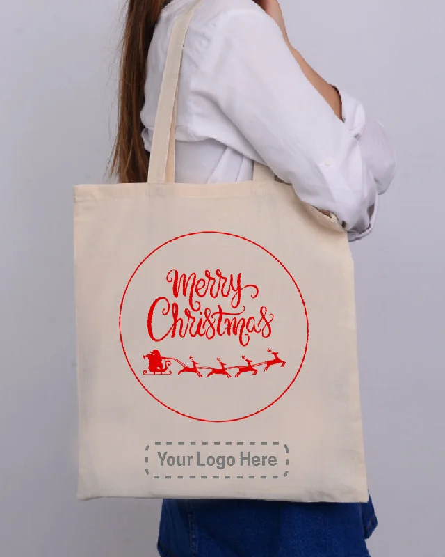 Tote bag with a detachable pouch for easy access to small itemsSanta Claus With a Reindeer Flying Red Color Christmas Tote Bag - Christmas Bags