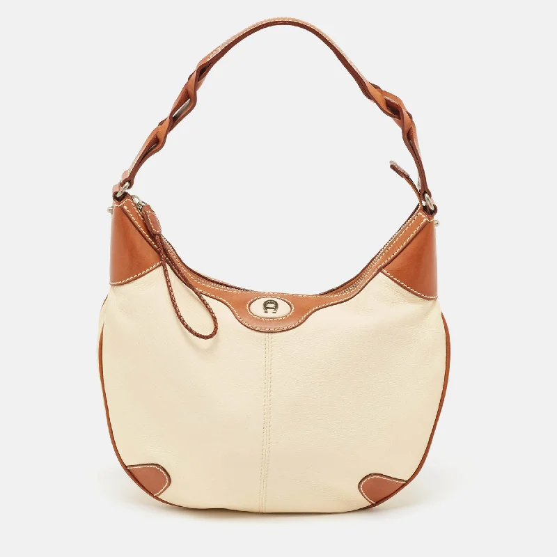 Embroidered satchel with intricate beadwork for a unique touchAigner Brown/off White Leather Logo Hobo