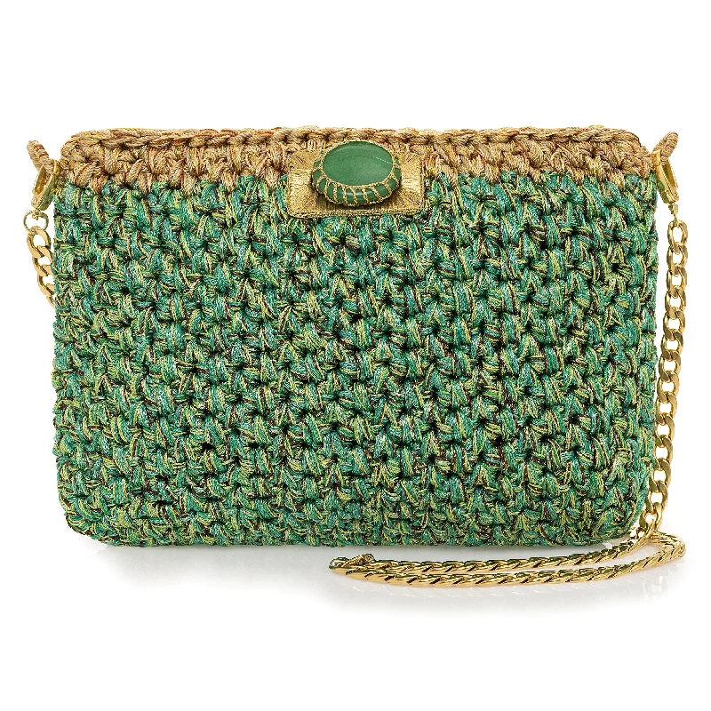 Handle bag with a detachable charm or keychain for personalizationALEX Simone Crochet Clutch - Metallic Green and Gold