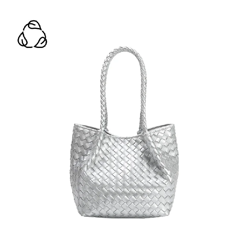 Handle bag with a hidden anti - theft pocket and RFID - blocking liningAnahi Silver Recycled Vegan Woven Top Handle Bag