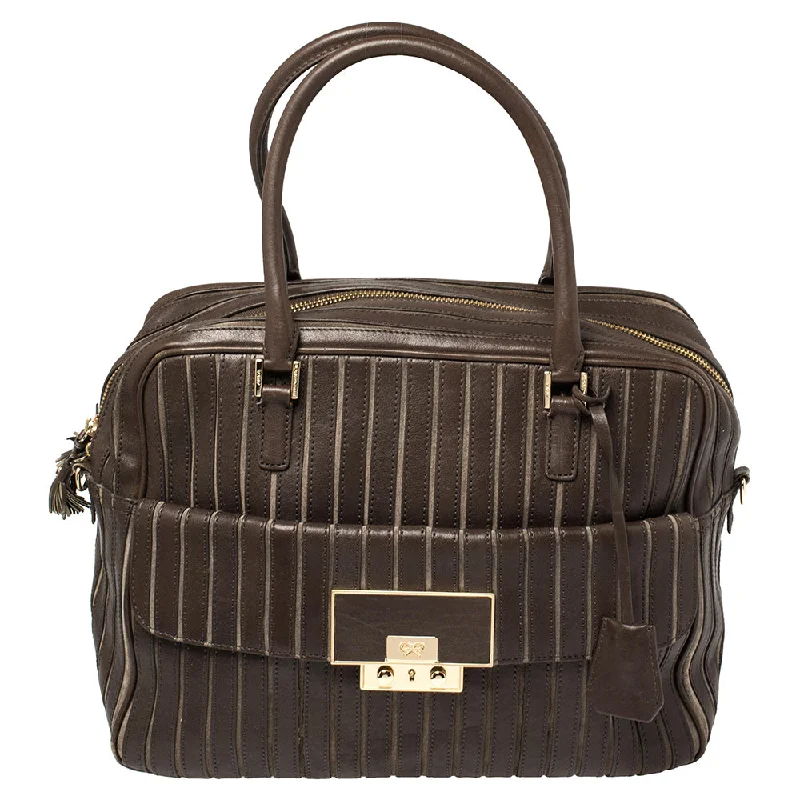 Plus-size satchel with a spacious interior for carrying all essentialsAnya Hindmarch Brown/grey Leather And Suede Bowling Bag