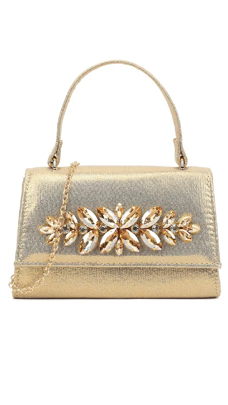 Women's satin clutch with a beaded flower accent for a glamorous eveningAriana Clutch- Gold