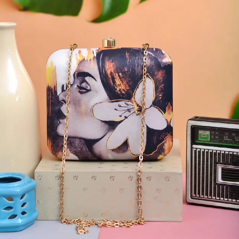 Clutch with a removable strap to be used as a hand - held or cross - bodyArtklim Beautiful Woman Portrait Printed Clutch