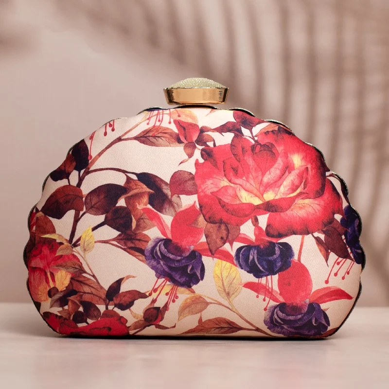 Embroidered silk clutch with a traditional motif for a cultural touchArtklim Beige Based Floral Printed D-shape Clutch