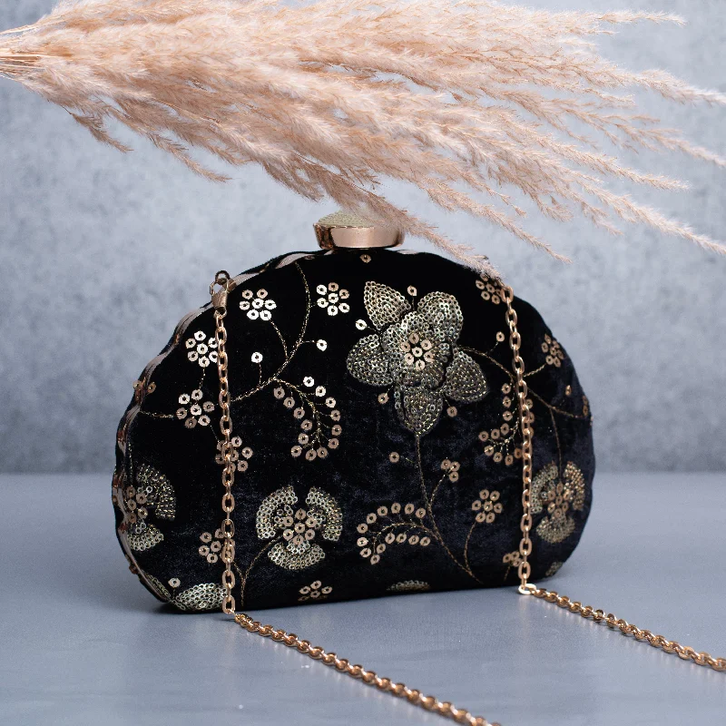 Women's satin clutch with a beaded flower accent for a glamorous eveningArtklim Black Based Silver Sequins Embroidery Clutch